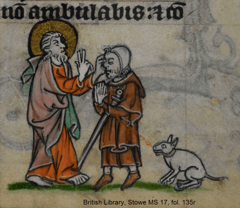 A blind man receives sight from Christ while his dog looks on. The man wears a hood and holds a staff between his elbow and body; his hands are in a praying position and his eyes are closed. The dog is white with short hair and a long tail and is wearing a collar. 