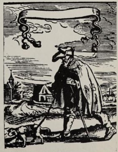 Woodcut of a man with tattered clothes accompanied by dog on a leash.
