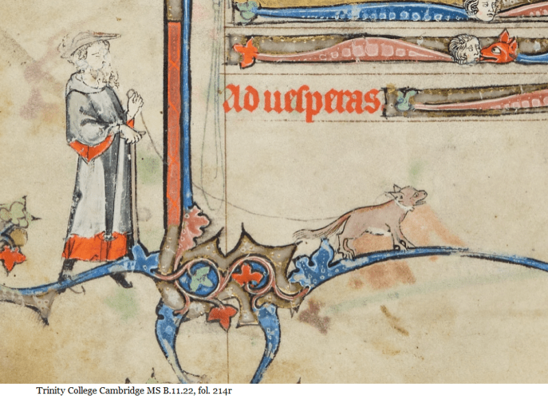 Man with a long hat and eyes closed holds a leash in his left hand and a staff in his right hand. The man has a long white beard and a blue tunic with a hood. The dog is brown with a long bushy tail.